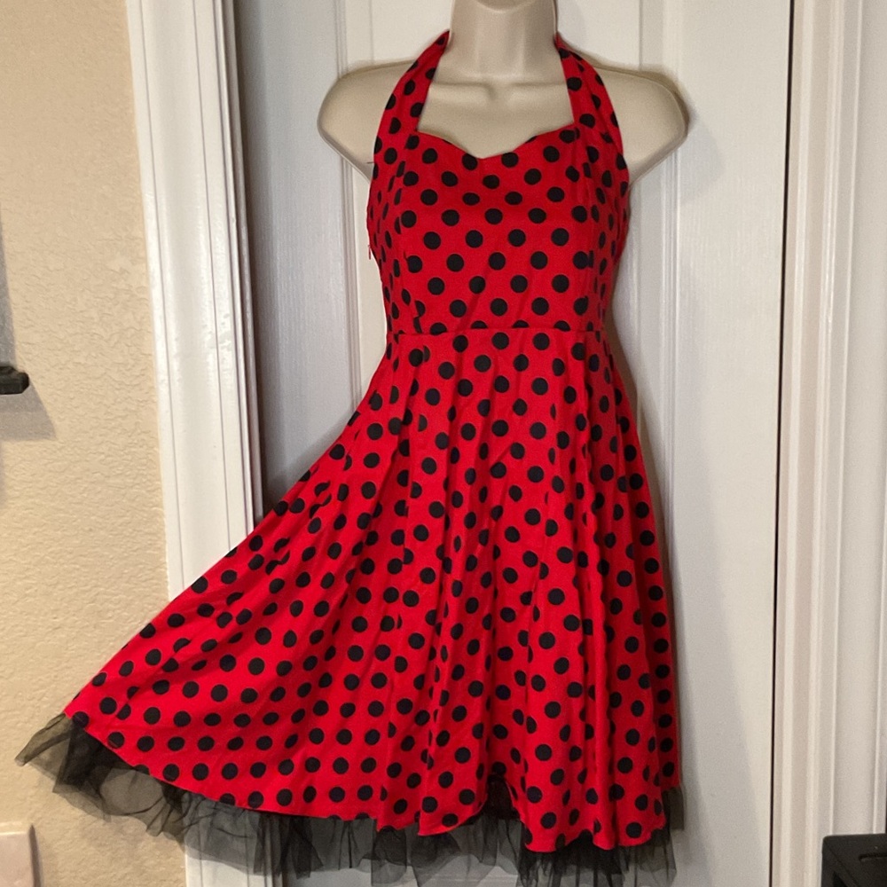 Red and Black Polka Dot Halter Midi Dress